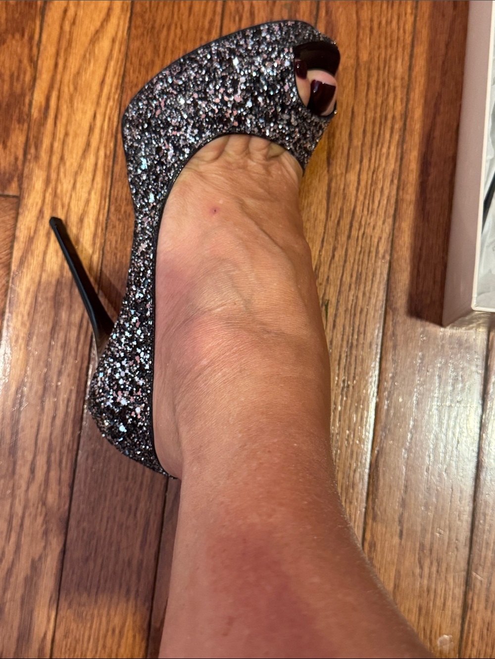 Jimmy Choo Black and Silver Glitter Peep-Toe Stilettos